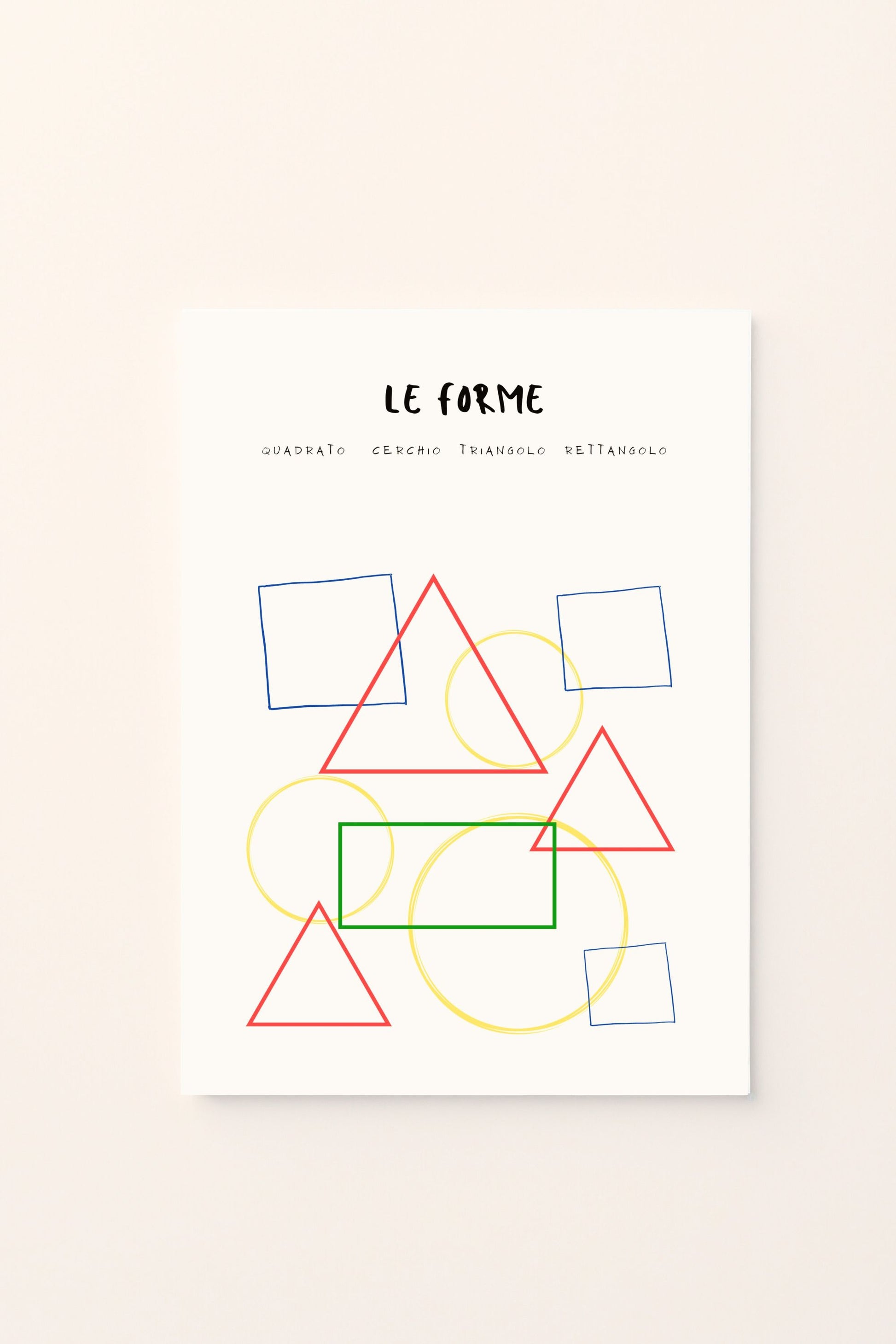 Poster decorativo per bambini con un gioco di triangoli e cerchi , perfetto per la cameretta. Un design educativo e armonioso che aiuta a riconoscere le forme in modo divertente e colorato.
