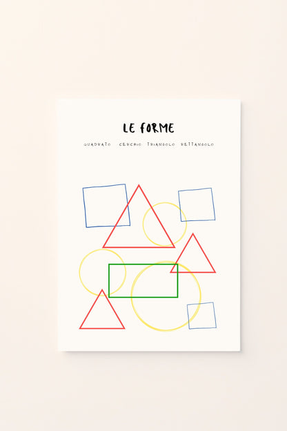 Poster decorativo per bambini con un gioco di triangoli e cerchi , perfetto per la cameretta. Un design educativo e armonioso che aiuta a riconoscere le forme in modo divertente e colorato.
