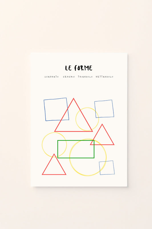 Poster decorativo per bambini con un gioco di triangoli e cerchi , perfetto per la cameretta. Un design educativo e armonioso che aiuta a riconoscere le forme in modo divertente e colorato.
