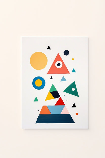 Poster decorativo per bambini con un gioco di triangoli e cerchi su sfondo rosato, perfetto per la cameretta. Un design educativo e armonioso che aiuta a riconoscere le forme in modo divertente e colorato.
