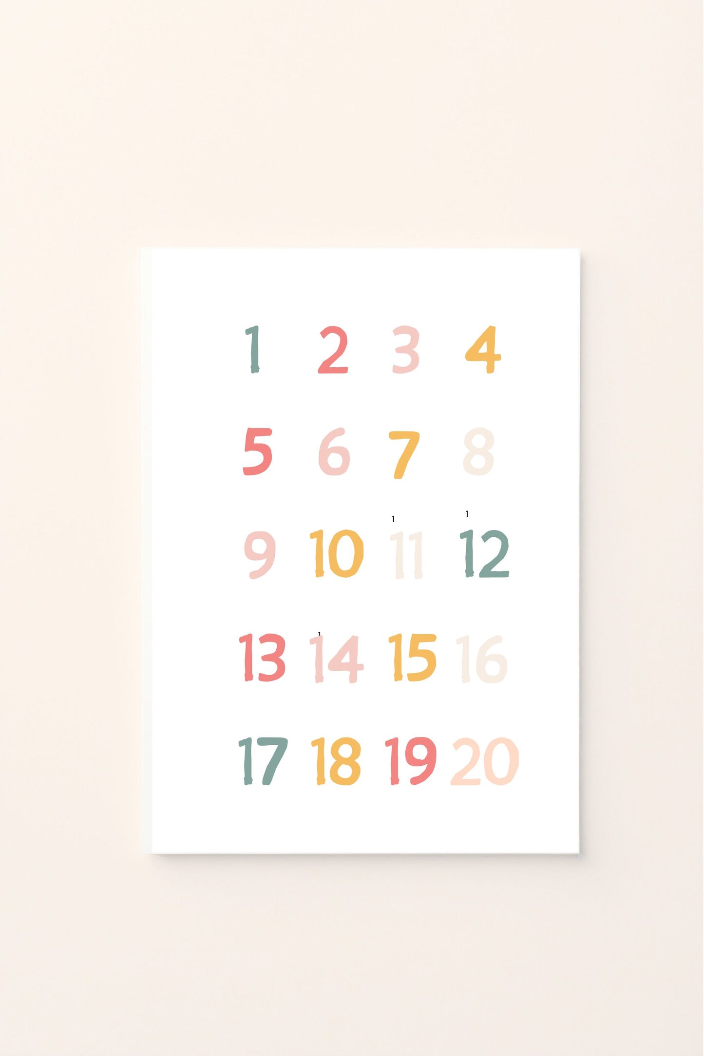 Poster educativo con numeri colorati da 1 a 20 su sfondo rosato, ideale per decorare la cameretta e aiutare i bambini a riconoscere e imparare i numeri in modo allegro e divertente.