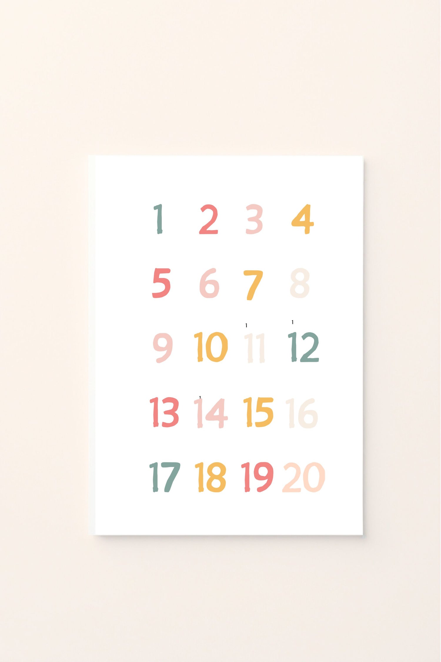 Poster educativo con numeri colorati da 1 a 20 su sfondo rosato, ideale per decorare la cameretta e aiutare i bambini a riconoscere e imparare i numeri in modo allegro e divertente.