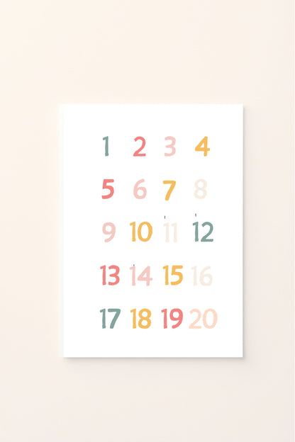 Poster educativo con numeri colorati da 1 a 20 su sfondo rosato, ideale per decorare la cameretta e aiutare i bambini a riconoscere e imparare i numeri in modo allegro e divertente.