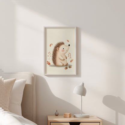 Poster illustrato con riccio e piccoli elementi autunnali, appeso in una cameretta per bambini dai toni chiari e naturali. Decorazione delicata dai colori caldi, ideale per la stanza dei più piccoli.