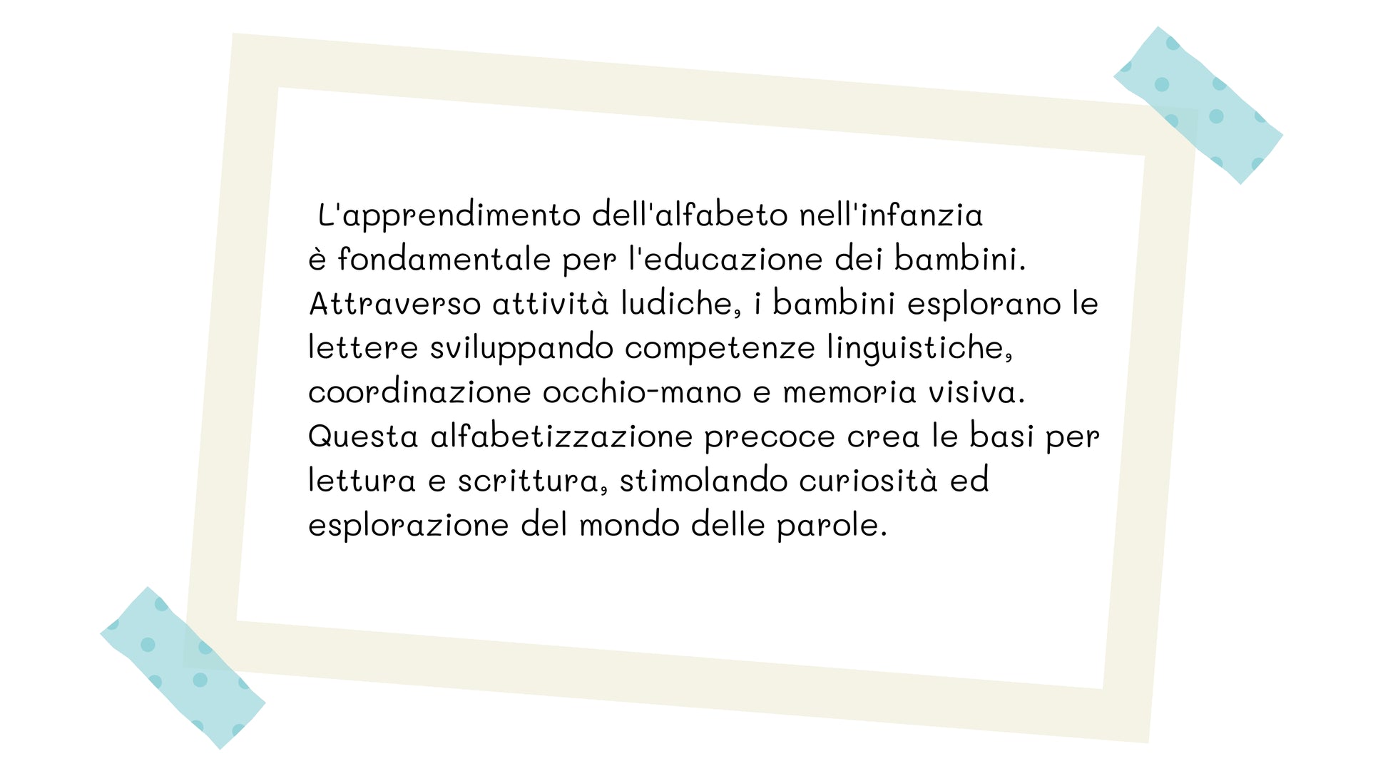 Scheda educativa sull'apprendimento dell'alfabeto nell'infanzia, con spiegazione dei benefici per lo sviluppo linguistico, la coordinazione occhio-mano e la memoria visiva.