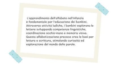 Scheda educativa sull'apprendimento dell'alfabeto nell'infanzia, con spiegazione dei benefici per lo sviluppo linguistico, la coordinazione occhio-mano e la memoria visiva.