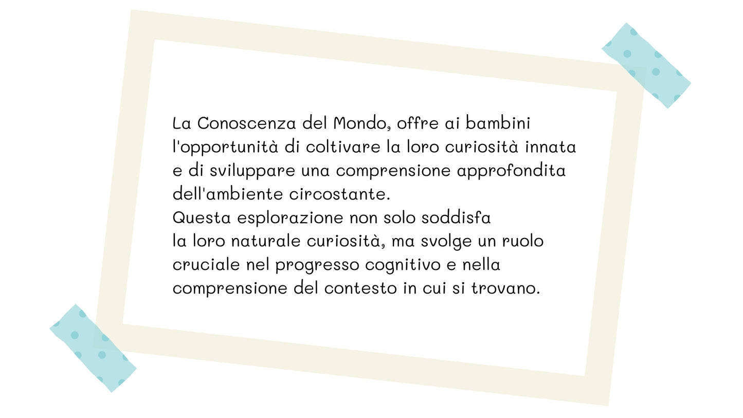 Scheda educativa sulla conoscenza del mondo, dedicata alla curiosità dei bambini, all’esplorazione dell’ambiente circostante e allo sviluppo della comprensione.