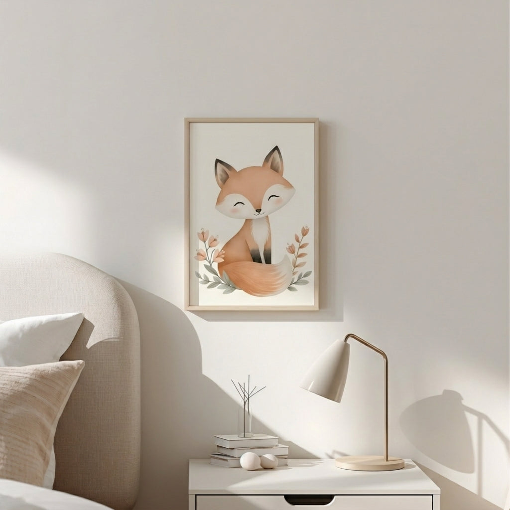 Poster illustrato con volpe dai colori caldi e delicati, appeso accanto al letto in una cameretta per bambini luminosa dai toni neutri e naturali.